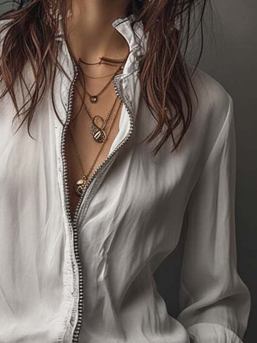 White Zip-Front Blouse With Flounce Cuffs